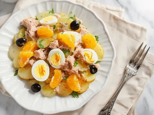 Ensalada malagueña con patatas, atún, huevos duros, aceitunas negras y gajos de mandarina.