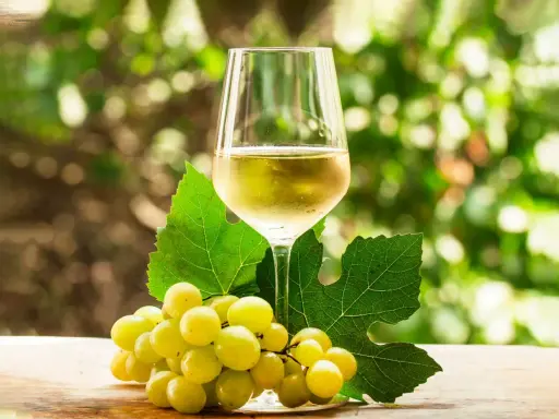 Copa de vino blanco con uvas verdes y hojas de parra.