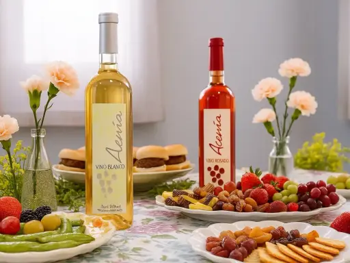 Dos botellas de vino, blanco y rosado, acompañadas de frutas, frutos secos y pequeños bocadillos. Un festín de tinta del país.