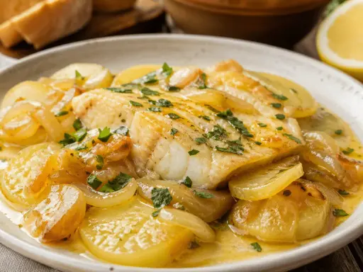 Merluza al horno con patatas, cebolla y perejil, servida en un plato blanco con una rodaja de limón al fondo.