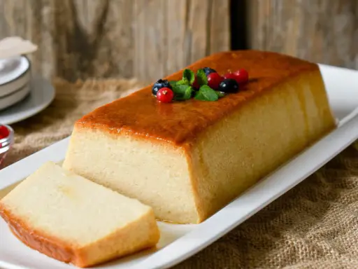 Delicioso budín de pan con caramelo dorado, decorado con frutos rojos y menta. Una rebanada ya servida.