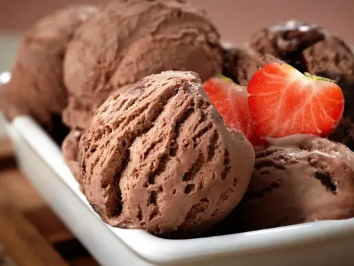 Cucharadas de cremoso helado de chocolate, decoradas con fresas frescas, listas para disfrutar.