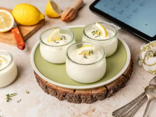 Delicioso mousse de limón Thermomix en vasitos, decorado con rodajas de limón y tomillo. Frescura y sabor en cada cucharada.