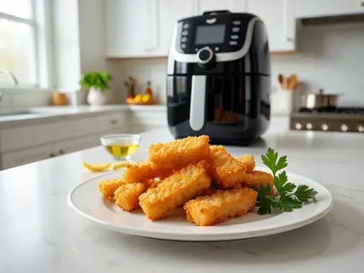 Palitos crujientes de bacalao airfryer en un plato blanco, junto a un bol con aceite y limón.