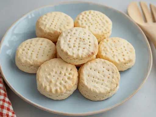 Un plato azul con galletas de maíz horneadas, cada una con pequeños agujeros en la parte superior. Un paño a cuadros rojos y blancos y un utensilio de madera están cerca.