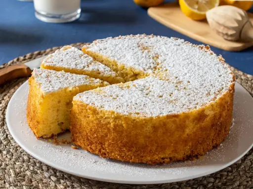 Bizcocho esponjoso hecho en airfryer, espolvoreado con azúcar glas. ¡Perfecto para acompañar un café!