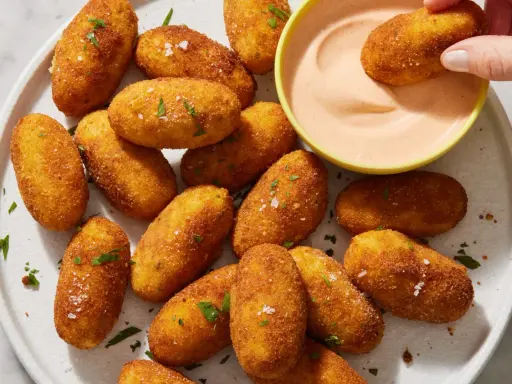 Croquetas de patata doradas y crujientes, espolvoreadas con perejil y sal, listas para ser mojadas en una cremosa salsa rosa.