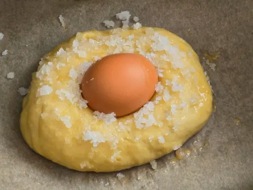 Masa para receta mona de pascua esponjosa, con un huevo crudo incrustado y espolvoreada con azúcar.