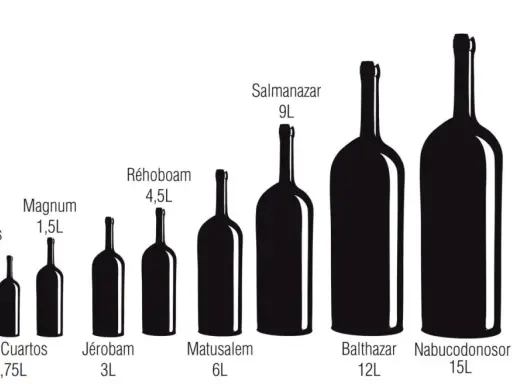 Ilustración muestra cuánto mide una botella de vino, desde Benjamín (0,18L) hasta Salomón (18L), con tamaños intermedios como Magnum (1,5L) y Réhoboam (4,5L).