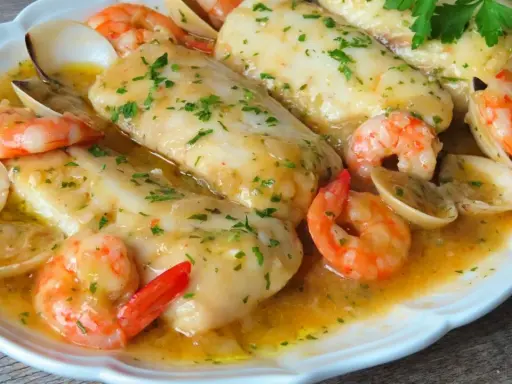 Merluza a la marinera con gambas y almejas, un plato delicioso bañado en salsa.