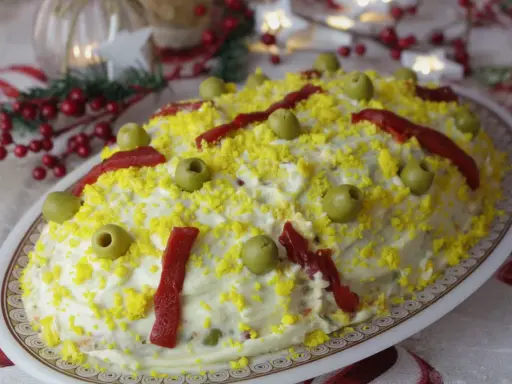 Ensaladilla rusa, la receta de la abuela, cubierta de mayonesa, huevo rallado, aceitunas y pimientos. ¡Un clásico festivo!