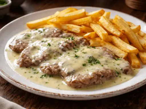 Escalopines de ternera con salsa cremosa y patatas fritas doradas, un plato clásico y delicioso.