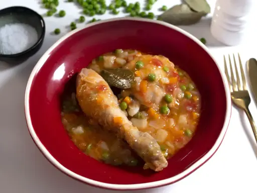 Un delicioso pollo a la jardinera en un cuenco rojo, con guisantes, zanahoria y tomate. Acompañado de sal, laurel y cubiertos dorados.
