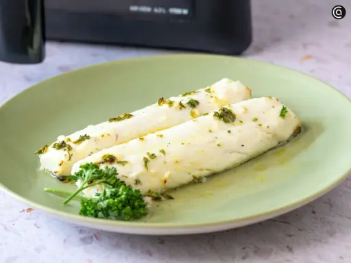Dos filetes de merluza jugosos, recién salidos de la airfryer, con hierbas frescas y aceite de oliva.