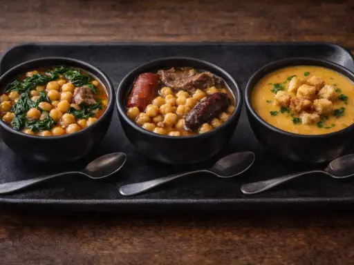 Tres cuencos de cocido de garbanzos: uno con espinacas, otro con chorizo y carne, y uno de crema con picatostes.