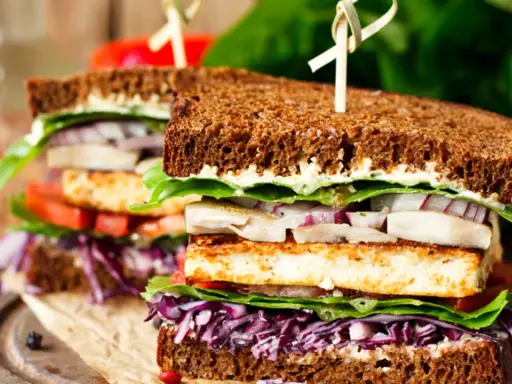 Delicioso sandwich vegetal con pan integral, tofu a la plancha, lechuga, tomate, cebolla morada y col lombarda.