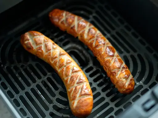 Dos salchichas doradas con cortes en forma de rombos, cocinándose en la rejilla de una freidora de aire.