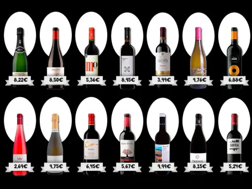 Variedad de vinos famosos en oferta, desde espumosos hasta tintos y rosados, con precios que van desde 2,69€ hasta 9,76€.