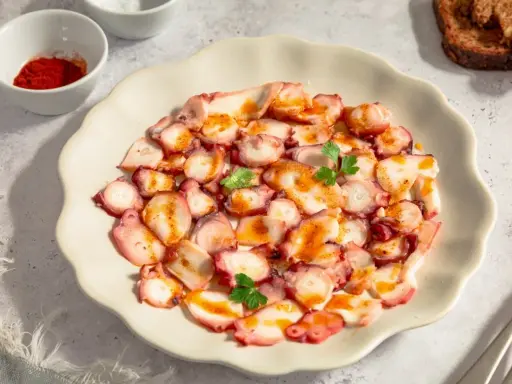 Delicioso carpaccio de pulpo, finas láminas con pimentón y perejil, servido en plato blanco.
