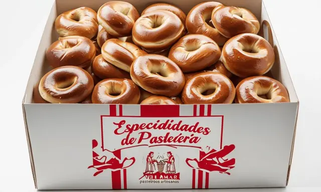 Caja llena de rosquillas de palo doradas y brillantes, listas para ser disfrutadas.
