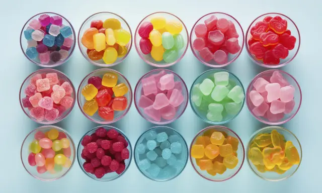 Cuencos llenos de gominolas caseras de colores vibrantes: azules, rosas, rojas, verdes, amarillas y naranjas.