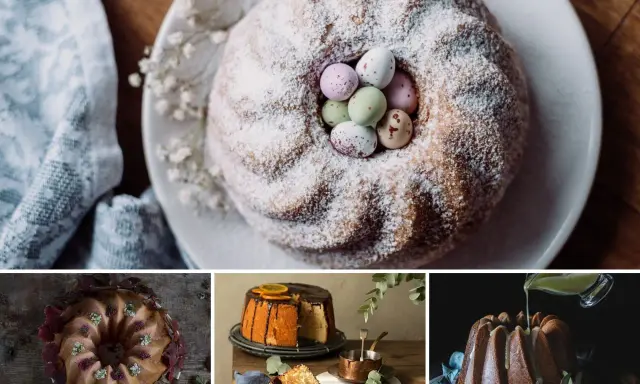 Collage de divertidos monas de pascua originales: bizcochos decorados con huevos de chocolate, frutas y glaseado.