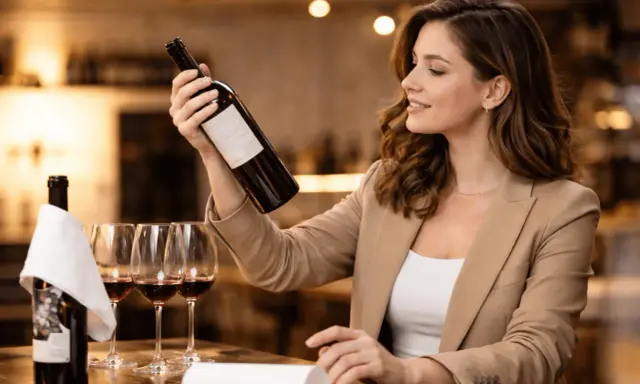 Mujer sonriente examina una botella de vino, preguntándose de donde es el vino. Copas de vino tinto y otra botella en la mesa.