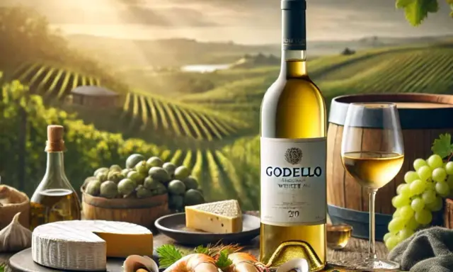Vino Godello, de Galicia, acompañado de quesos, uvas y mariscos, con viñedos al fondo.
