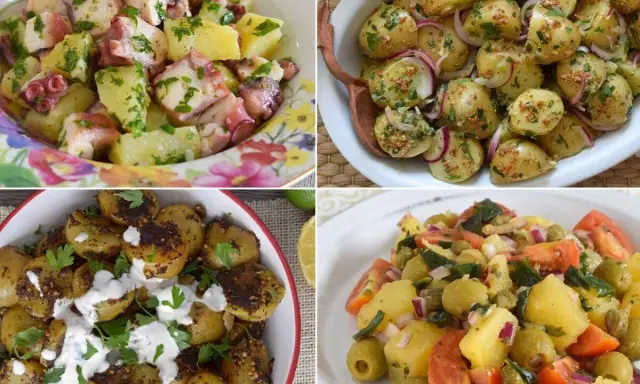 Cuatro ensaladas de patata: con pulpo, con cebolla morada y mostaza, asada con aliño cremoso, y con aceitunas y tomate.