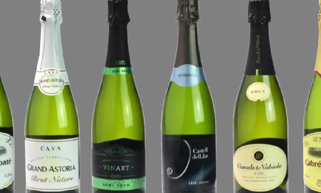 Varias botellas de cava, algunas de ellas de cava mas caro, como Grand Astoria y Canals & Nubiola, con etiquetas de diferentes marcas y tipos.