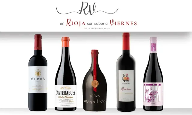 Cinco botellas de vino tinto, incluyendo Murua, Canterabuey y Graciano, que representan los mejores vinos de la Rioja Alavesa.