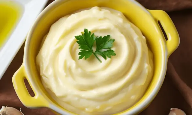 Alioli casero en un cuenco amarillo, decorado con perejil. ¿Cuánto dura el alioli casero en la nevera?