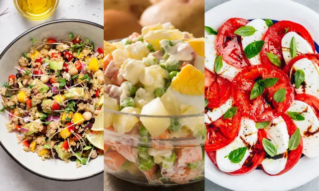 Tres ensaladas espectaculares: quinoa con aguacate, ensaladilla rusa y caprese. ¡Ideas para 10 ensaladas deliciosas!