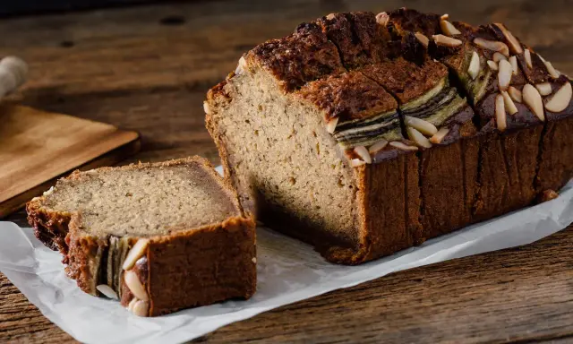 Un delicioso bizcocho de plátano, recién horneado y decorado con almendras laminadas, listo para disfrutar.