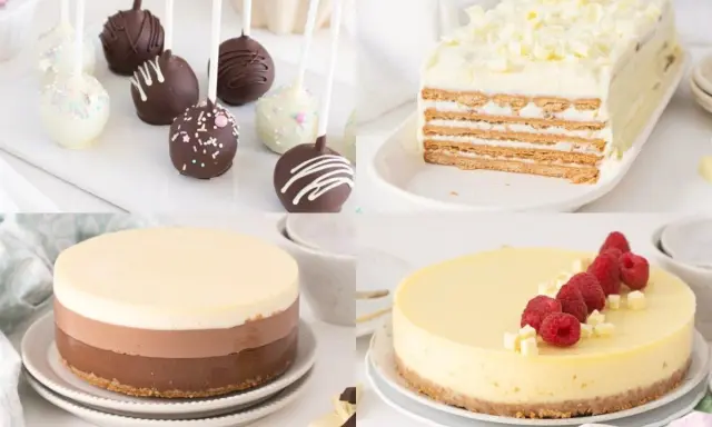Variedad de postres con chocolate blanco: cake pops, tarta helada, tarta de tres chocolates y cheesecake con frambuesas.