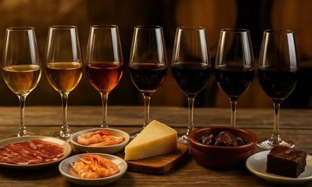 Degustación de un jerez con tapas: jamón, gambas, queso, aceitunas y brownie.