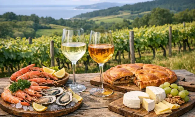Dos copas de vino blanco, una con un tono más dorado, acompañan mariscos, empanada y quesos en un viñedo. ¿El albariño es dulce o seco?