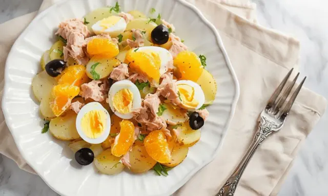 Ensalada malagueña con patatas, atún, huevos duros, aceitunas negras y gajos de mandarina.