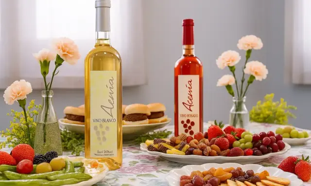 Dos botellas de vino, blanco y rosado, acompañadas de frutas, frutos secos y pequeños bocadillos. Un festín de tinta del país.