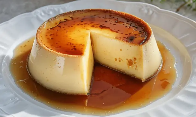 Delicioso flan casero con caramelo líquido. ¿Sabes cuánto dura un flan casero en la nevera? ¡Disfrútalo fresco!