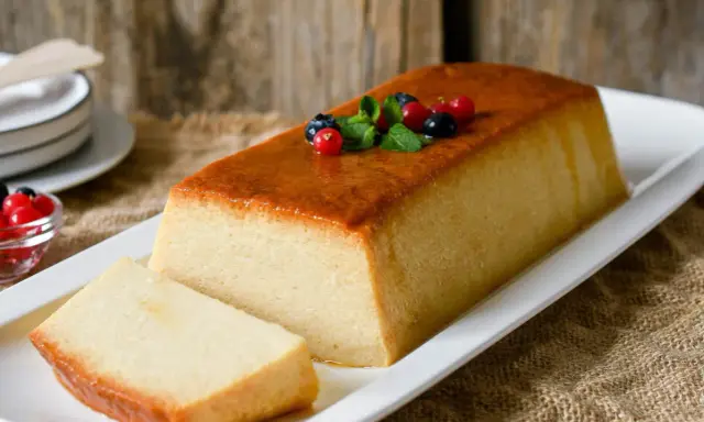 Delicioso budín de pan con caramelo dorado, decorado con frutos rojos y menta. Una rebanada ya servida.
