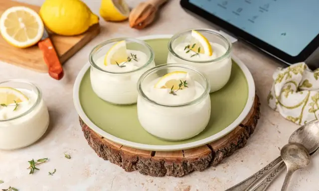 Delicioso mousse de limón Thermomix en vasitos, decorado con rodajas de limón y tomillo. Frescura y sabor en cada cucharada.