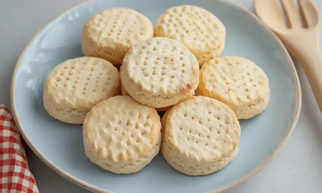 Un plato azul con galletas de maíz horneadas, cada una con pequeños agujeros en la parte superior. Un paño a cuadros rojos y blancos y un utensilio de madera están cerca.