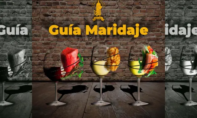 Guía de maridaje: un trozo de carne roja con hierbas, papas fritas y salmón con ensalada, acompañados de copas de vino, incluyendo un tempranillo vino.