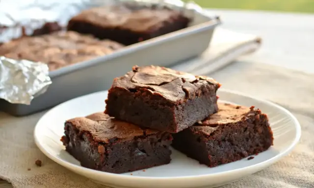 Deliciosos trozos de brownie sin gluten apilados en un plato blanco, con más en un molde al fondo.