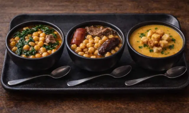 Tres cuencos de cocido de garbanzos: uno con espinacas, otro con chorizo y carne, y uno de crema con picatostes.