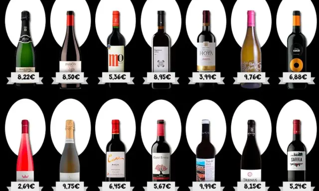 Variedad de vinos famosos en oferta, desde espumosos hasta tintos y rosados, con precios que van desde 2,69€ hasta 9,76€.