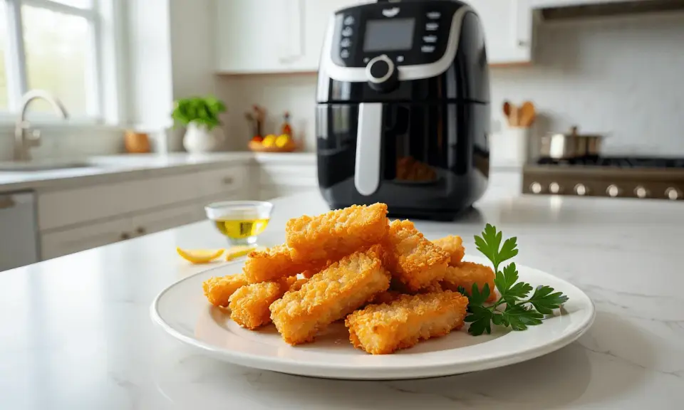 Palitos crujientes de bacalao airfryer en un plato blanco, junto a un bol con aceite y limón.