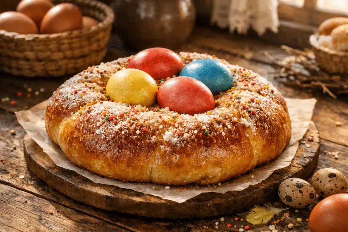Mona de Pascua esponjosa decorada con huevos de colores y espolvoreada con az&uacute;car y virutas. &iexcl;Perfecta para tu receta!