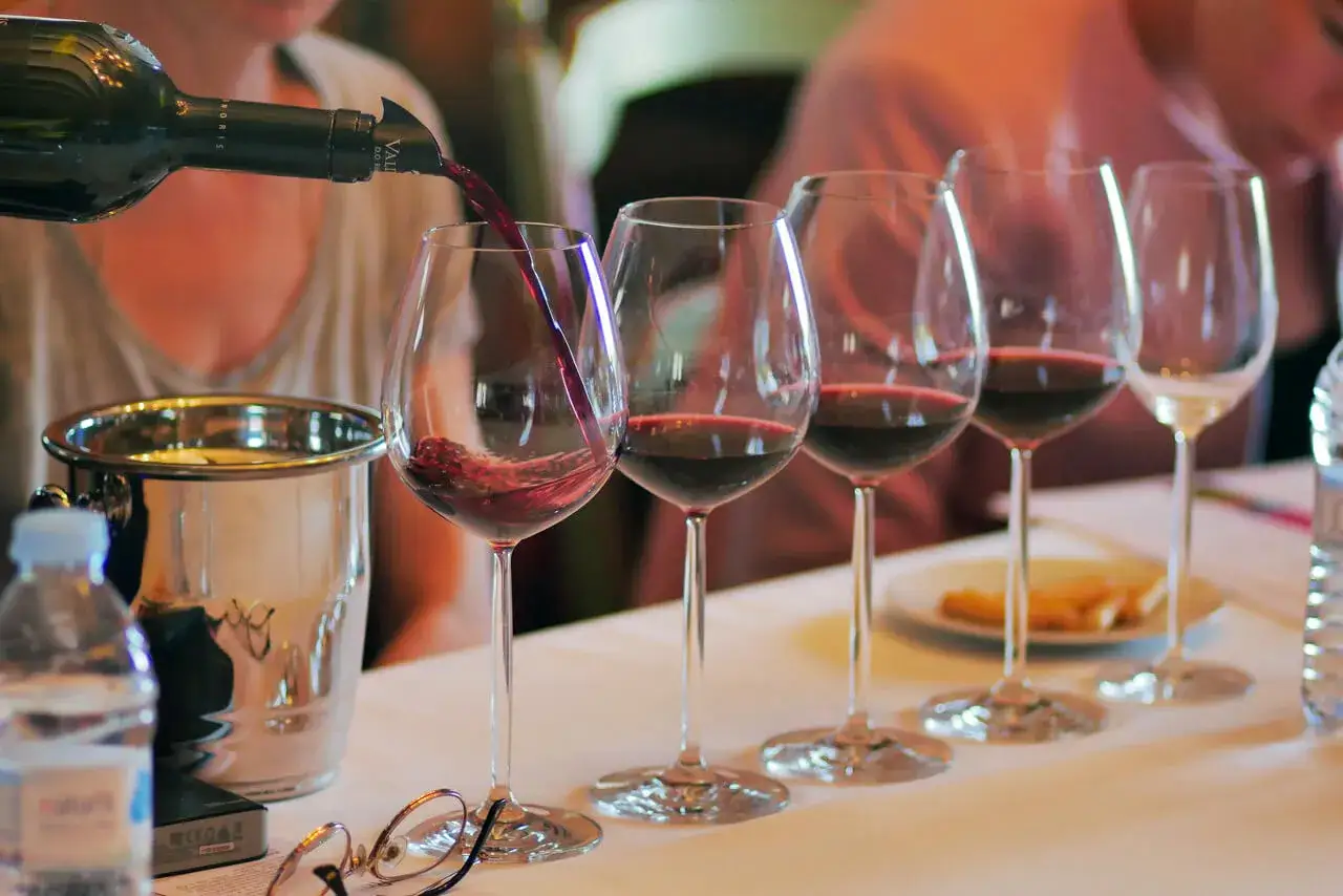 Degustaci&oacute;n de los mejores a&ntilde;adas Ribera del Duero. Vino tinto sirvi&eacute;ndose en copas, con cubitera y agua.
